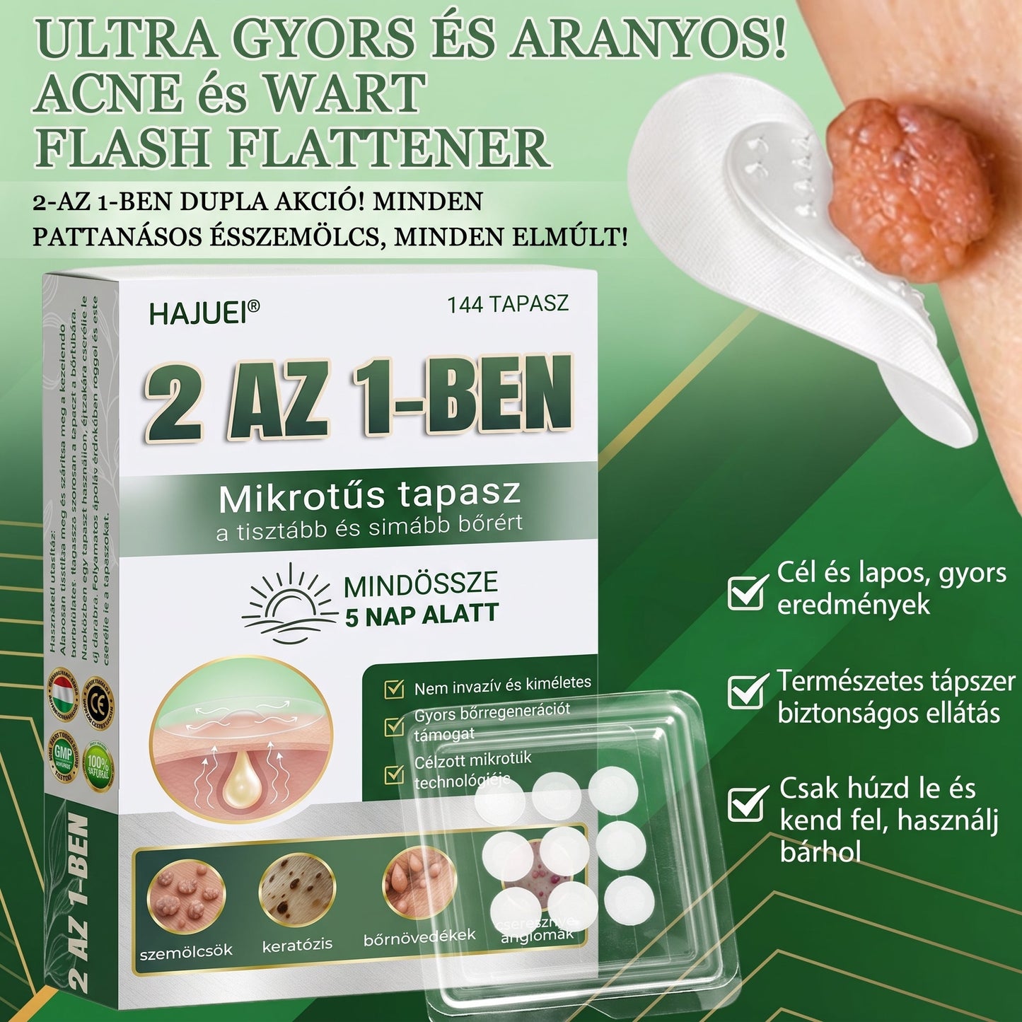 🇭🇺 HAJUEI® 2-az-1-ben Mikrotű & Hidrokoloid Tapasz | Láthatatlan Csillag Tapasz Bőrhibákra, Pattanásokra és Egyenetlen Bőrfelszínre | Arcra és Testre | 144 db ✨